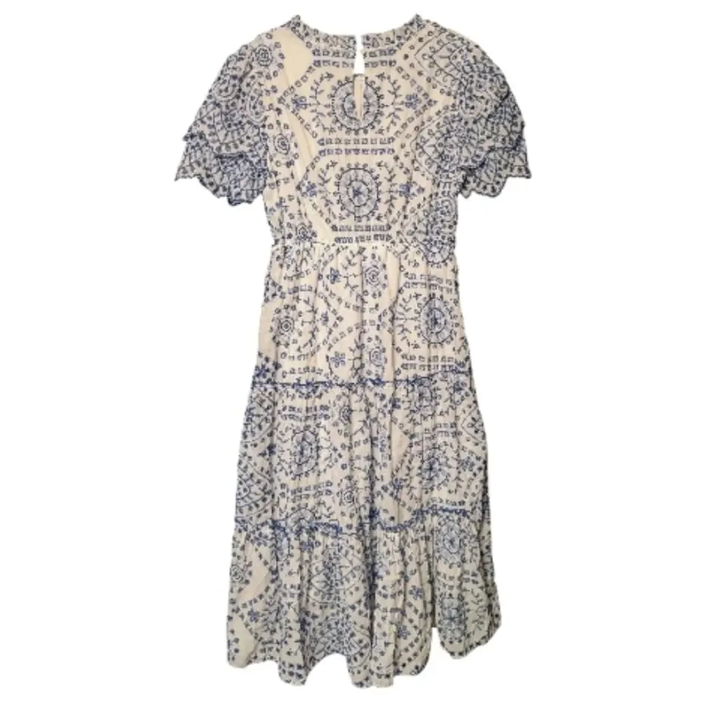 NWT Baltic Born Women's Mirabel Eyelet Midi Cotton Dress Boho Cottage Blue White - Picture 2 of 8